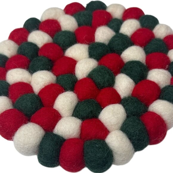 Wool Felt Pompom Trivet Christmas Red Green Trader Joe's Holiday Decor 6.5" - Picture 2 of 4